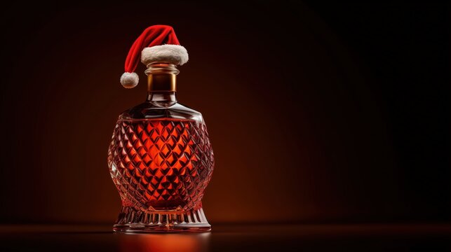  bottle of engraved crystal no-name whisky with a santa hat on top. at a gradient background