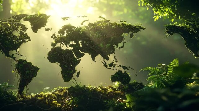 World Map Made of Greenery in a Lush Forest.