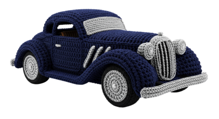 Meticulously crafted vintage sports coupe made entirely from crochet in a stunning dark blue hue