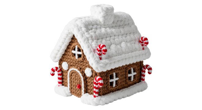 Chunky crochet snow covered cottage model with gingerbread style and candy cane decorations on transparent background