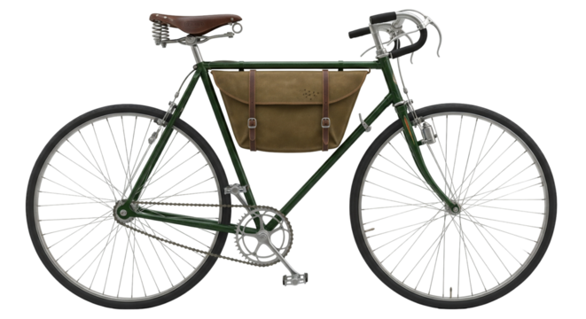 Classic dark green diamond frame bicycle with sturdy geometry and rod actuated brakes showcased on a white background