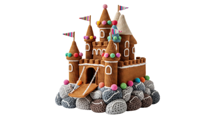 Whimsical crocheted gingerbread castle with cheerful details and vibrant yarn