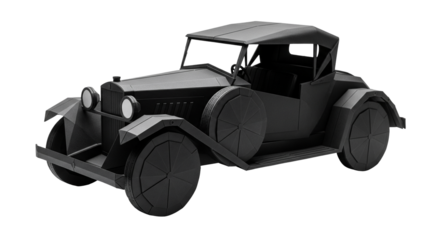 Vintage open top touring car crafted from crisp black paper, showcasing expert folding techniques
