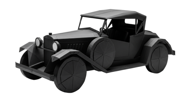 Vintage open top touring car crafted from crisp black paper, showcasing expert folding techniques