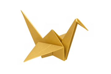 Golden paper crane origami bird art with transparent background