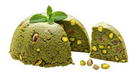 Festive pistachio dessert dome with mint garnish and slice