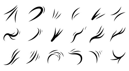 Hand-drawn wind air line effects in doodle style. Swirl speed waves, air flow, storm gusts, curve smoke shapes. Motion elements for weather, breeze, and airflow design.