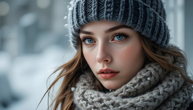 Closeup of a young woman with blue eyes in a grey beanie and scarf in winter