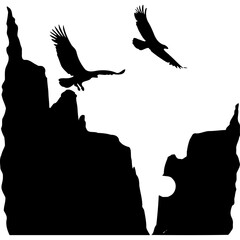 Two eagles flying over rocky cliffs in silhouette illustration