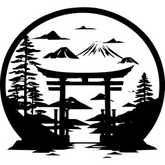 Silhouette of torii gate with mountain and trees in circle frame