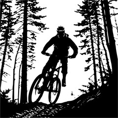 Silhouette of mountain biker riding through a forest landscape art