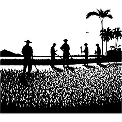 Silhouette of farmers working in a field with palm trees behind them