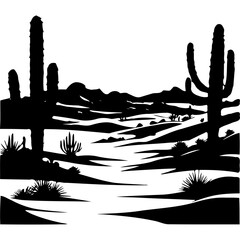 Silhouette of a desert landscape with cactus and distant mountains