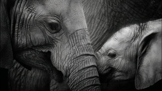 Close up dramatic monochrome portrait captures maternal affection between two pachyderms