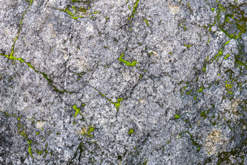 Rugged Granite Rock Surface With Green Moss Veins and Cracks in Nature