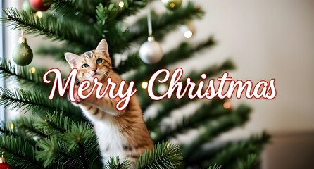 Merry Christmas message with a cat climbing a christmas tree in background
