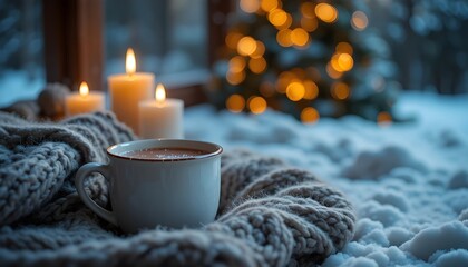 Cozy winter scene with a warm mug, candles, and a festive christmas tree