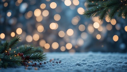 Festive winter background with snow, pine branches, and warm bokeh lights