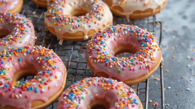 Colorful Glazed Donuts with Rainbow Sprinkles Falling on a Cooling Shelf. 4k video