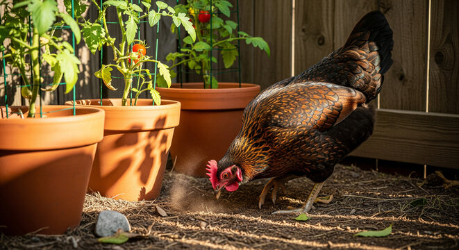Backyard Hen Foraging Near Potted Tomato Plants in Sunlight
A vibrant, reddish-brown hen, possibly an Australorp or Wyandotte breed, is actively foraging and scratching the dry