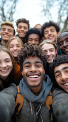 Fototapeta premium A diverse group of young friends is happily smiling and posing for a cheerful outdoor group selfie together.