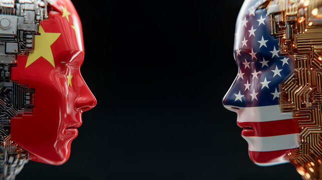 China US AI Competition Tech War Geopolitics Technology Rivalry Artificial Intelligence Superpower Conflict Circuit Board Brain - Powered by Adobe