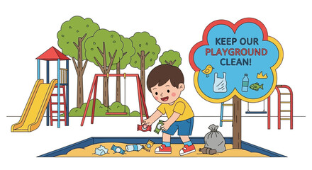 Responsible young boy diligently cleans up litter in colorful playground