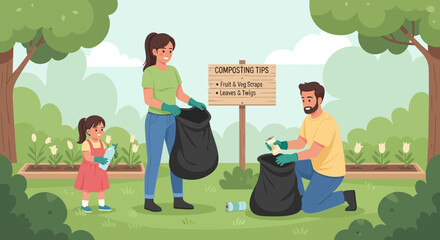 Family contributing to environment cleaning the park and collecting waste materials