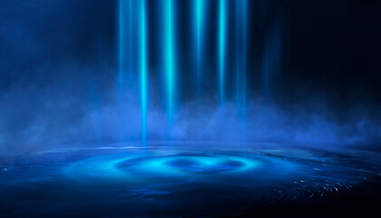 Obraz premium Dark night scene over water, fog over dark ocean water, dark surface, neon light, reflections on the water. Fantasy night water scene.