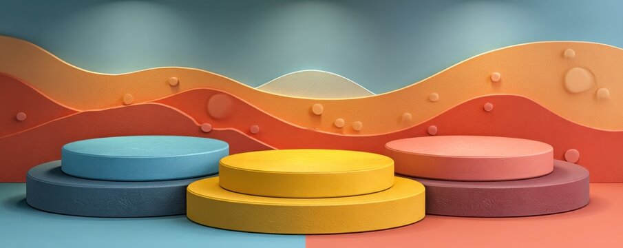 Colorful abstract podium scene with geometric shapes and wavy background