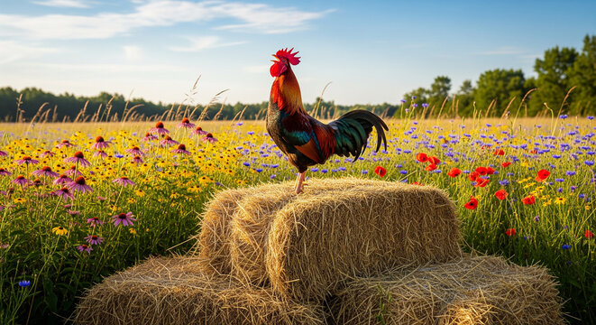 Majestic Rooster Crowing atop Hay Bales in a Vibrant Summer Wildflower Field.

A proud and striking rooster, featuring brilliant red, black, green, and gold plumage, stands majestically on one leg ato