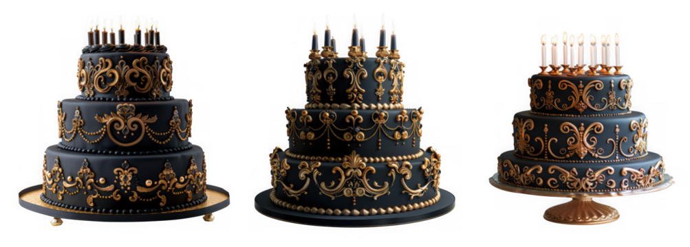 Three elegant multitiered black and gold cakes with ornate decorations and candles, isolated on transparent background - Powered by Adobe