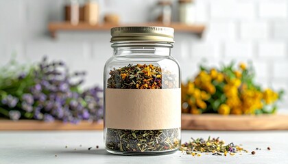"Glass jar with wooden lid and brown tag filled with dried herbs on neutral background."