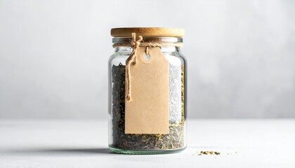 "Glass jar with wooden lid and brown tag filled with dried herbs on neutral background."