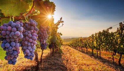 close up of ripe purple grapes hanging on the vine ready for harvest in a sunlit vineyard
