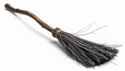 "Traditional twig broom with wooden handle on white background."