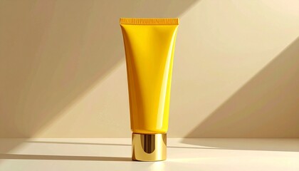 "Yellow cosmetic squeeze tube with gold cap on beige background and soft circular light gradient."