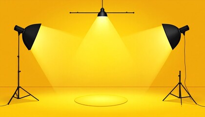 "Photography studio with yellow background, three black lights casting spotlight on circular floor area."