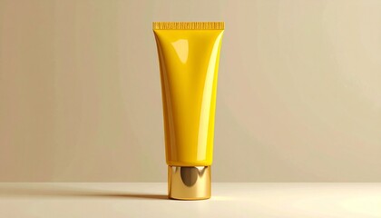 "Yellow cosmetic squeeze tube with gold cap on beige background and soft circular light gradient."