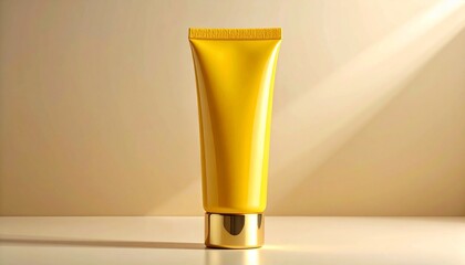 "Yellow cosmetic squeeze tube with gold cap on beige background and soft circular light gradient."