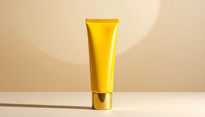 "Yellow cosmetic squeeze tube with gold cap on beige background and soft circular light gradient."