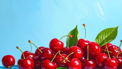 "Glossy red cherries with green stems piled on light blue background."