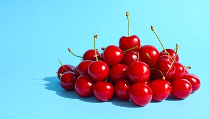 "Glossy red cherries with green stems piled on light blue background."