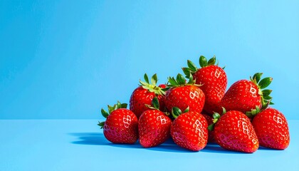 "Glossy red strawberries with green tops on bright blue background, one separated for visual balance."