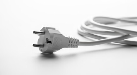 White electrical plug with cable on white background, concept of copy space  