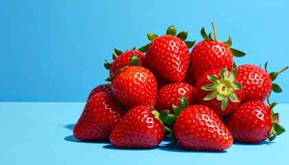 "Glossy red strawberries with green tops on bright blue background, one separated for visual balance."