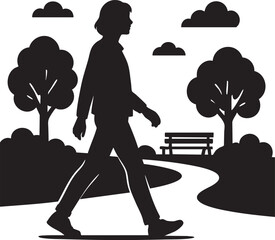 generate clean black and white Person walking in park &ndash; walking, park, outdoors, casual &ndash; Lifestyle &ndash; silhouette vector do not add extra details only black and white 