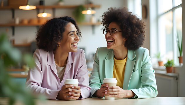 Candid shot of two Black businesswomen networking over coffee