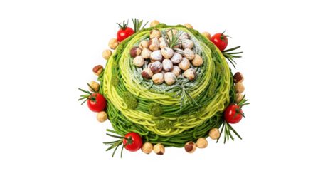 Artistic culinary creation featuring pasta and fresh vegetables