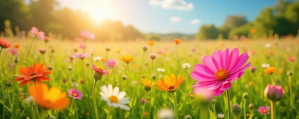 Fototapeta premium A vibrant, sun-drenched field of wildflowers swaying gently in the breeze, embodying pure, unadulterated joy and the simple pleasures of nature's beauty , flowers, pastoral